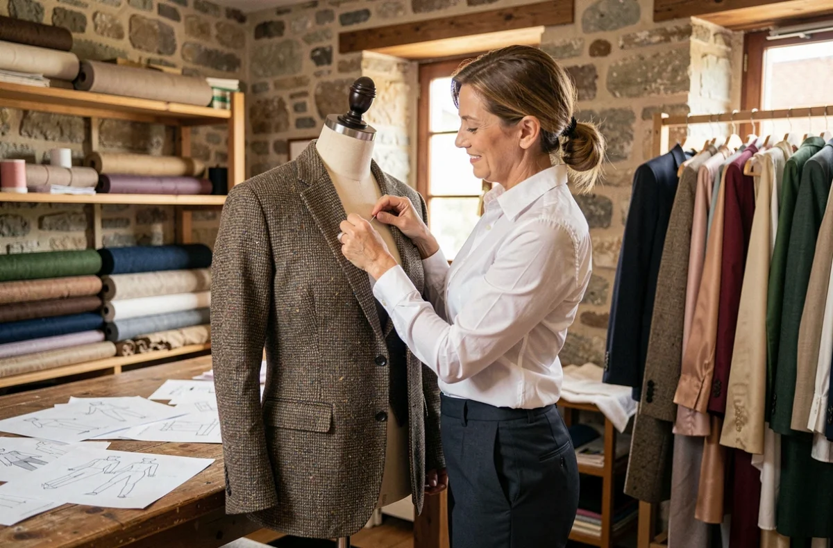 Couturière expérimentée épinglant une veste sur mesure dans un atelier de couture à Reims avec murs en pierre et tissus de qualité
