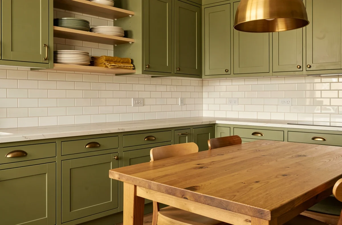 Cuisine avec armoires vert kaki associées à des accessoires en laiton vieilli, bois de chêne et céramiques pour une palette intérieure harmonieuse