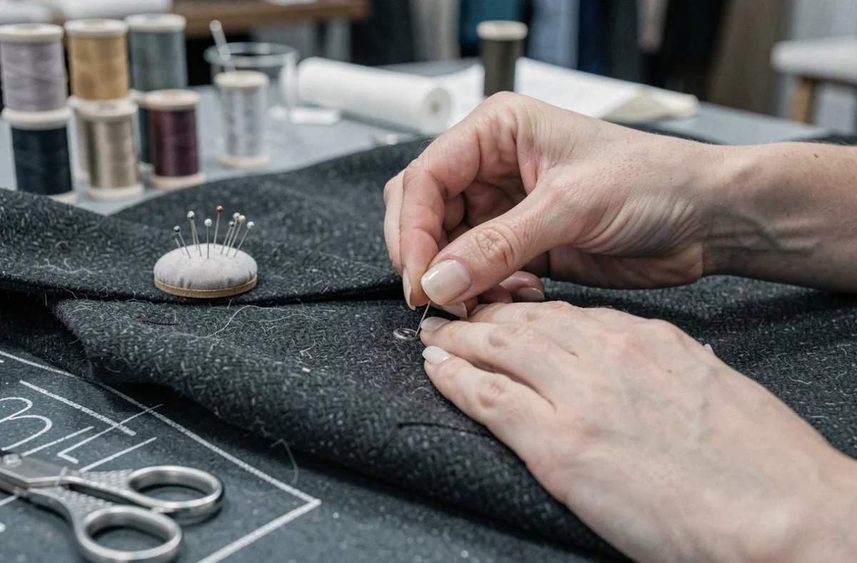 Gros plan sur des mains de couturière réalisant une boutonnière à la main sur un veston en laine dans un atelier de couture à Reims
