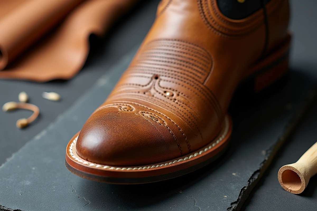 Gros plan extrême sur la tige d'une botte cowboy homme en cuir tanné végétal, révélant les détails de couture artisanale et la texture naturelle du cuir de qualité