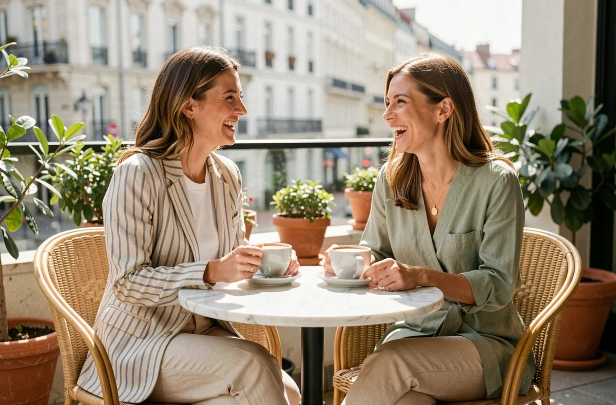 Deux amies en tenues tendance Kiabi blazer rayé lin et blouse vert sauge attablées en terrasse de café