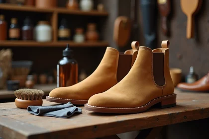 Boots en daim camel sur un établi d'artisan avec brosse, spray protecteur et chiffon microfibre pour l'entretien du daim