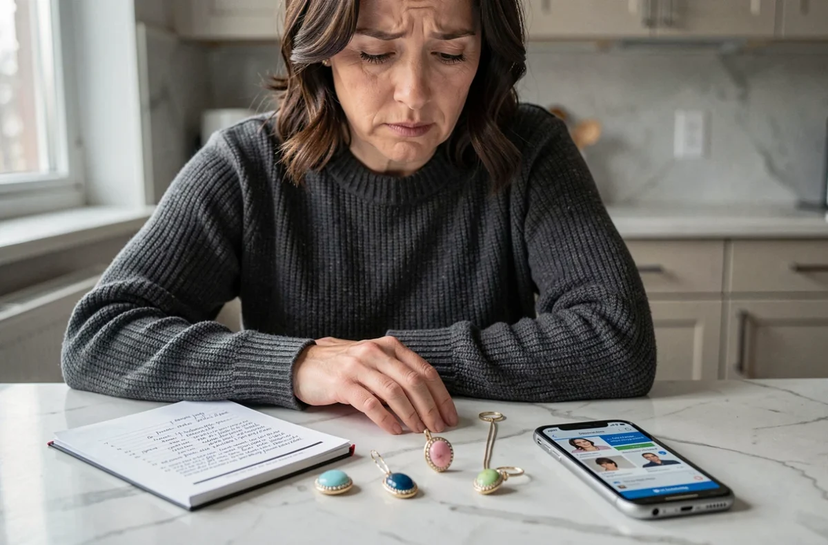 Femme évaluant des bijoux camées d'occasion à la maison avec un guide de prix et des notes manuscrites