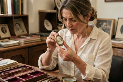 Experte bijoutière examinant une broche camée ancienne avec une loupe dans un bureau d'expertise antique