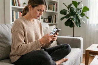 Femme utilisant l'application mobile Zalando sur son smartphone depuis son canapé à domicile