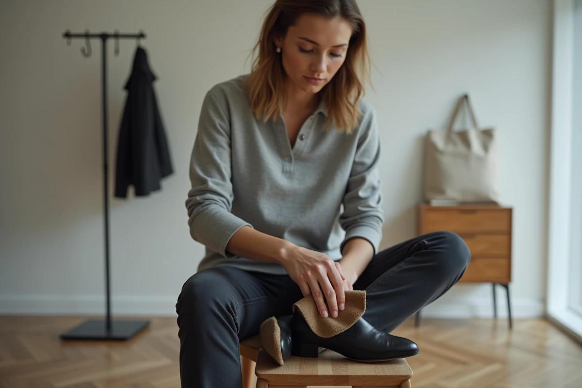 Jeune femme faisant briller un escarpin en cuir noir avec un chiffon chamois dans un appartement moderne