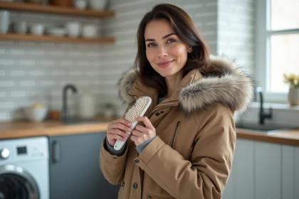 Femme en manteau d'hiver brossant le col en fourrure