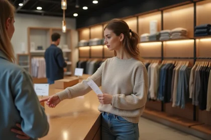 Femme au rayon vêtements vérifiant son ticket de caisse