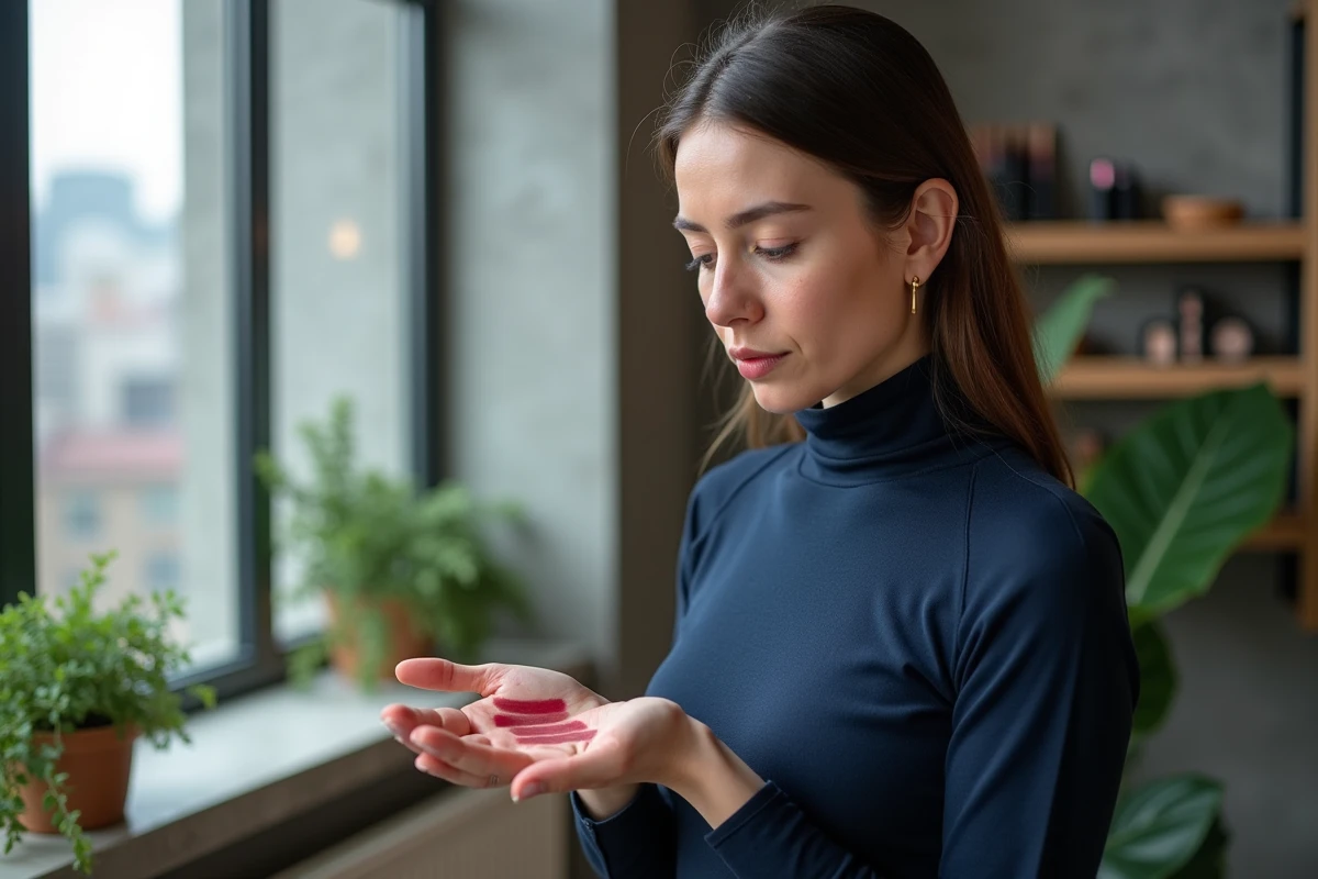 Femme examinant des swatches de rouge à lèvres devant une fenêtre
