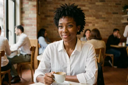 Femme noire aux cheveux courts bouclés naturels style TWA dans un café parisien, coupe afro tendance