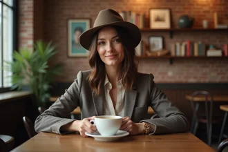 Femme élégante en blazer et fedora dans un café cosy