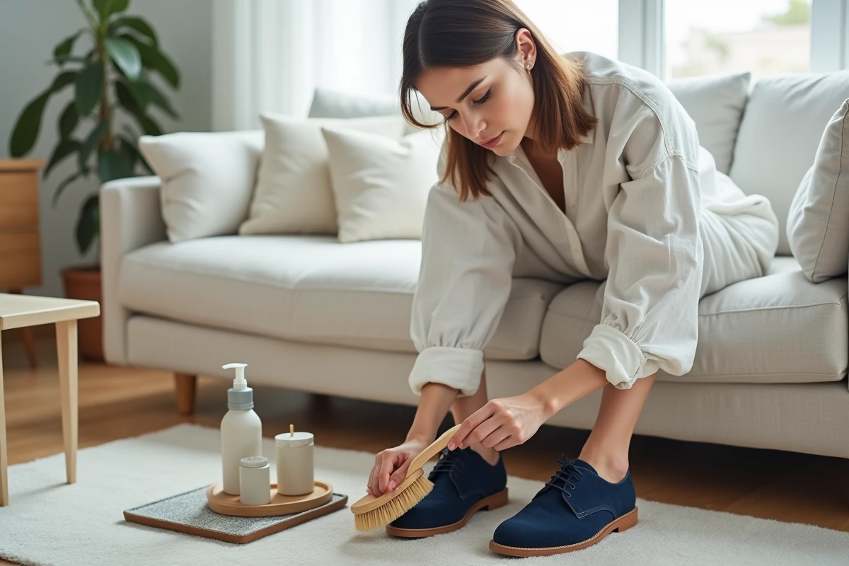 Femme entretenant des chaussures Oxford en daim bleu marine avec une brosse spéciale dans un salon moderne et lumineux