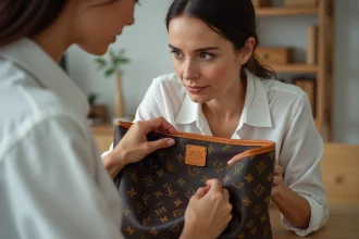 Femme examinant attentivement le numéro de série intérieur d'un sac Louis Vuitton monogramme posé sur un bureau en bois clair