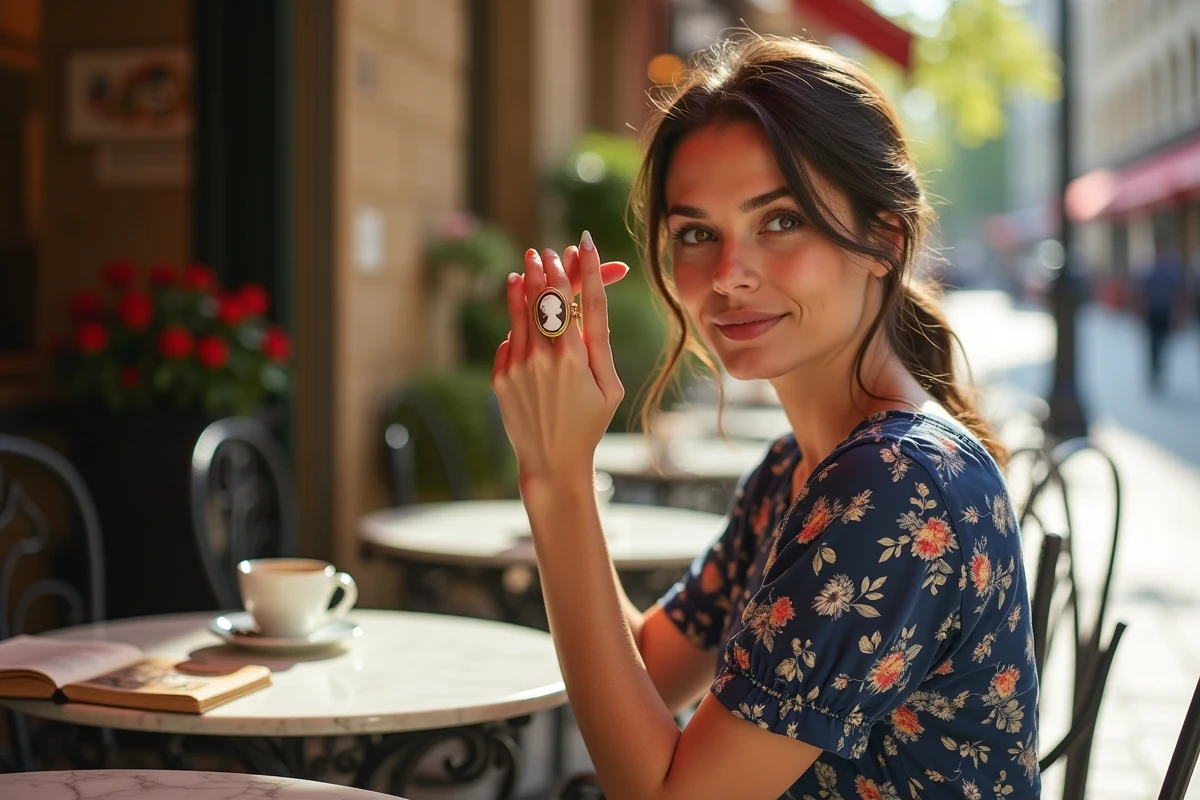 Femme examinant une bague camée vintage dans un café parisien en plein air, tenant la bague à hauteur des yeux avec attention