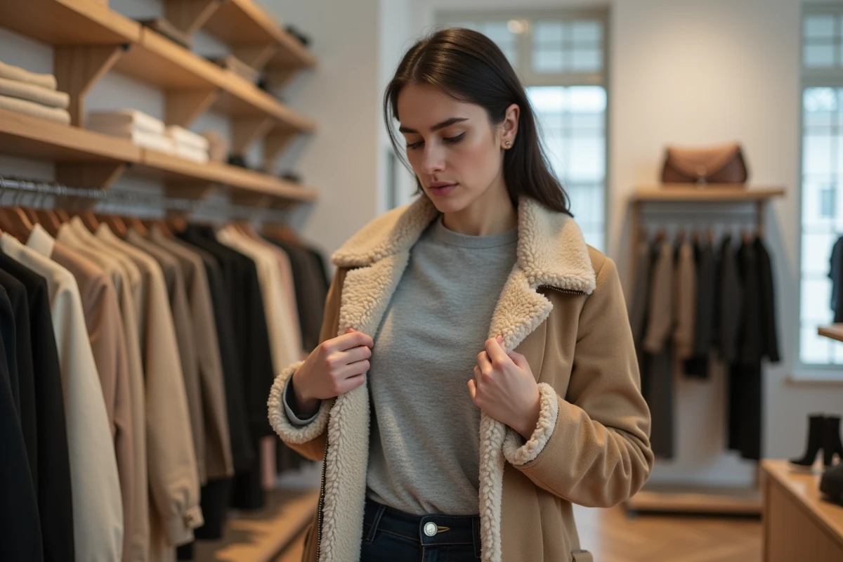Femme examinant la doublure sherpa imitation peau de mouton de son manteau d'hiver dans une boutique de vêtements