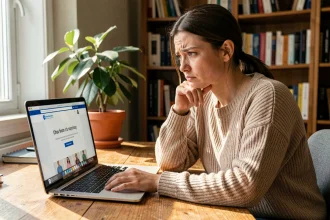 Femme frustrée devant un ordinateur portable avec un site de vente de vêtements en ligne affichant une erreur