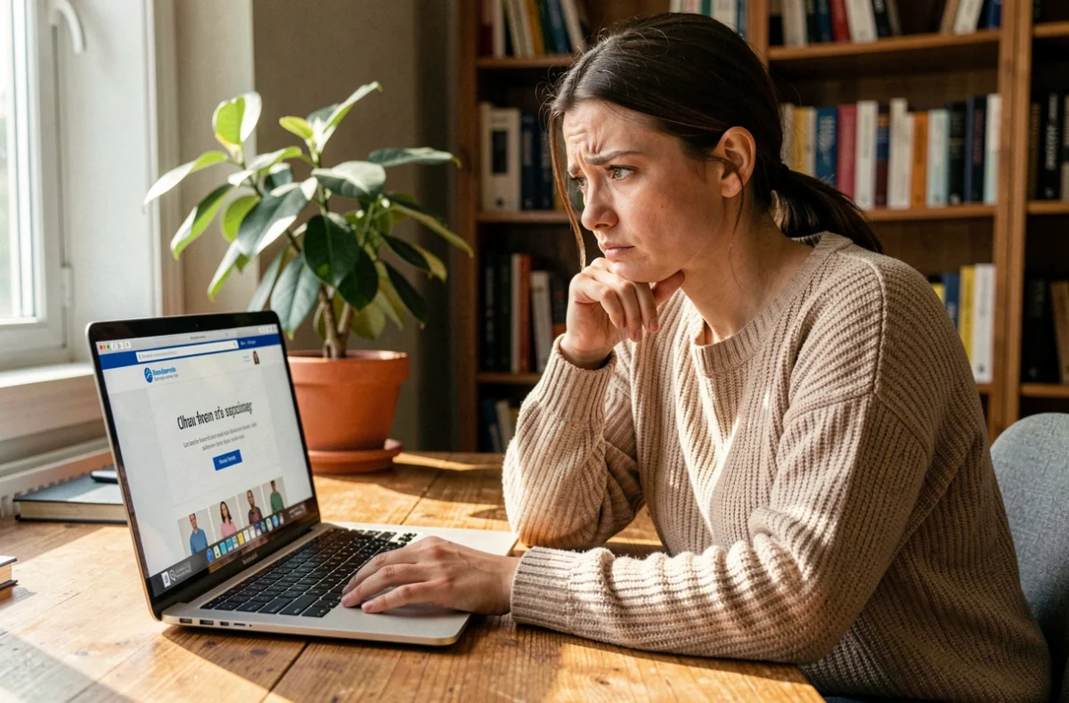 Femme frustrée devant un ordinateur portable avec un site de vente de vêtements en ligne affichant une erreur