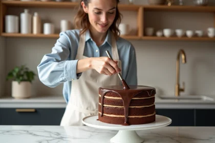 Femme appliquant un glaçage ganache sur un gâteau à trois étages avec des produits Tess Goods dans une cuisine moderne