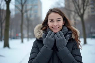 Femme souriante en hiver dans un parc urbain enneige