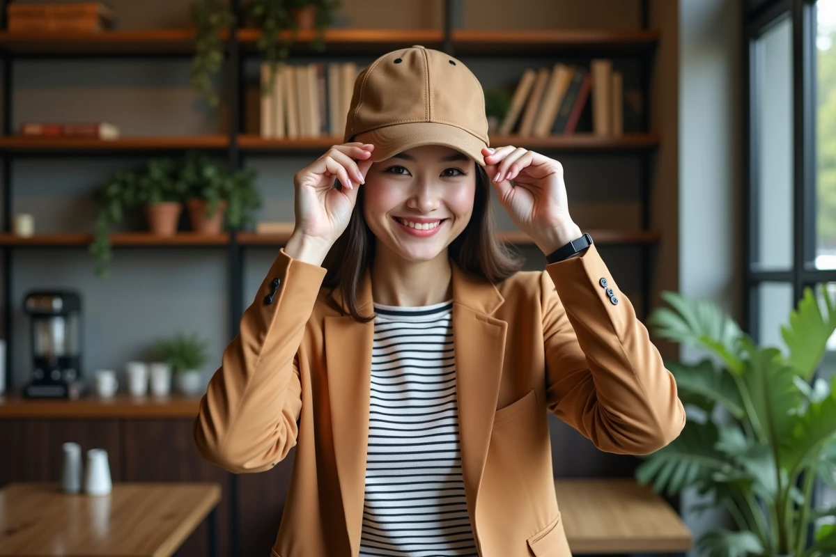 Femme montrant comment porter une casquette dans un café