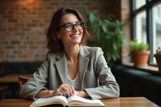Femme élégante portant des lunettes rectangulaires lisant dans un café