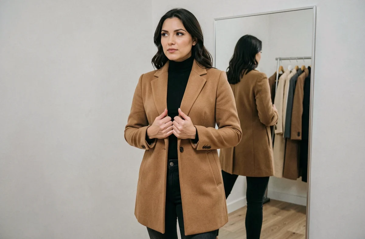 Femme trentenaire en manteau camel Kiabi et col roulé noir devant un miroir en pied dans un dressing minimaliste