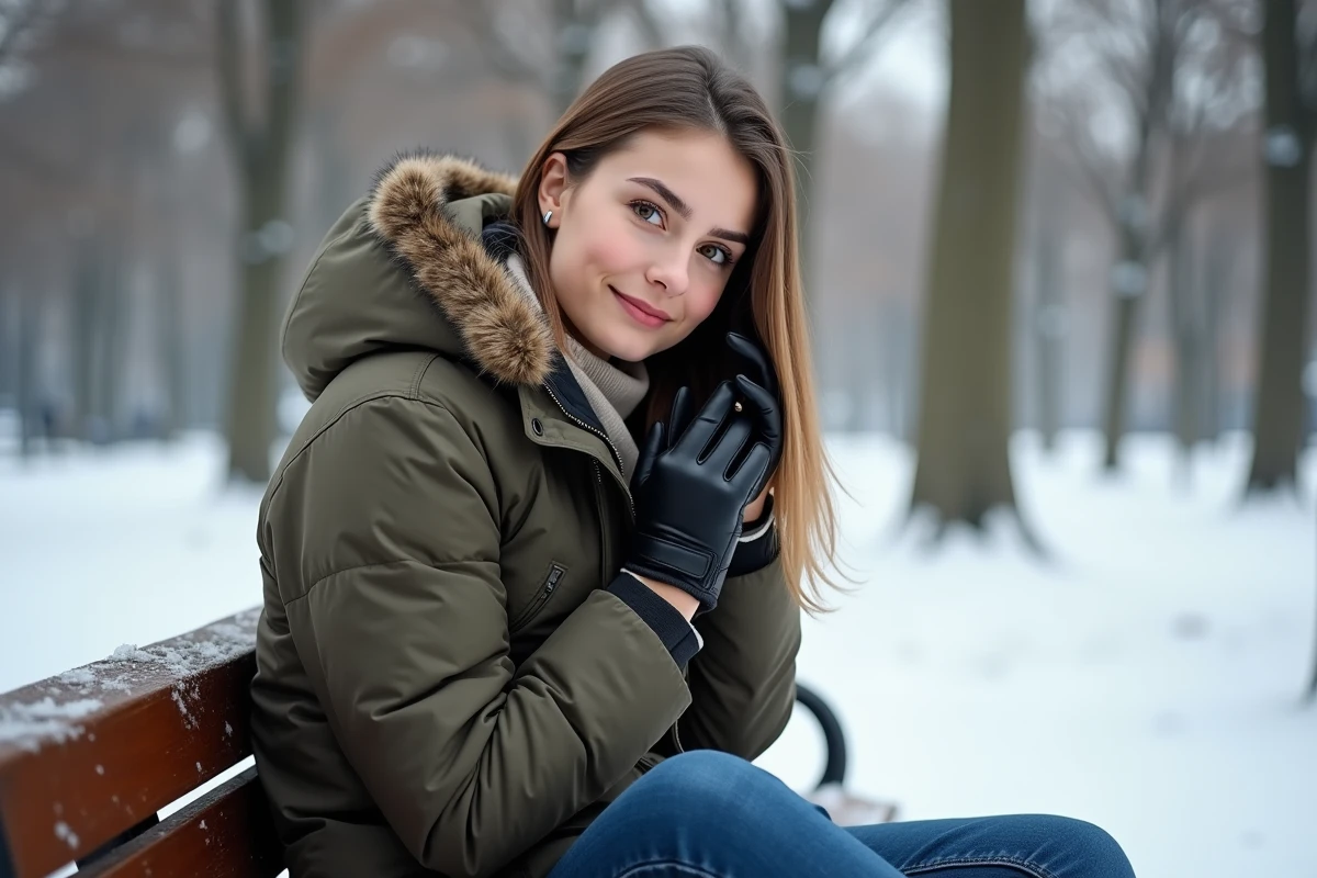 Jeune femme en park enneige portant gants en cuir