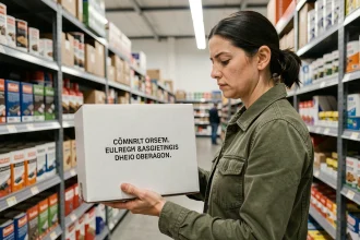 Femme examinant un produit de marque générique dans un rayon de magasin, comparant les options sonstiges et divers