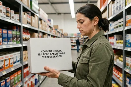 Femme examinant un produit de marque générique dans un rayon de magasin, comparant les options sonstiges et divers
