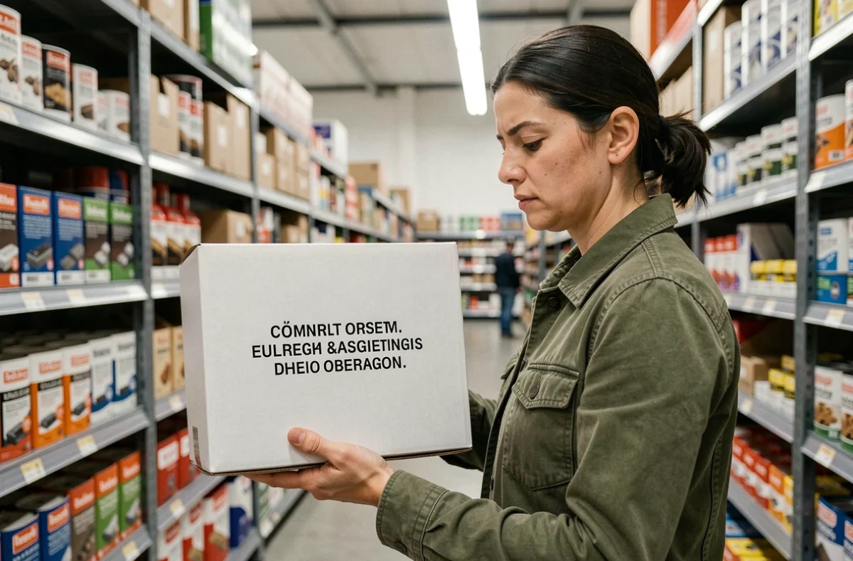 Femme examinant un produit de marque générique dans un rayon de magasin, comparant les options sonstiges et divers