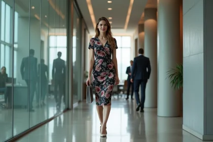 Femme d affaires en robe florale dans un bureau moderne