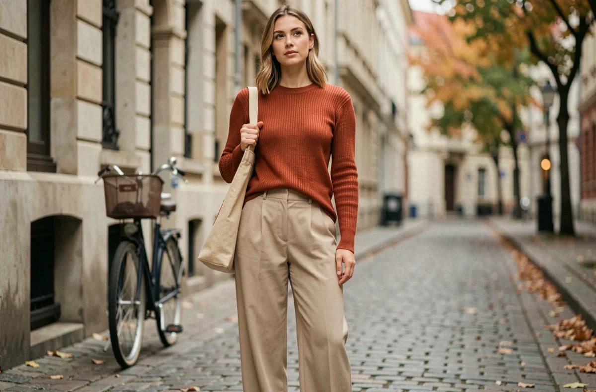 Jeune femme en pull côtelé terracotta et pantalon large beige Kiabi dans une rue pavée européenne en automne
