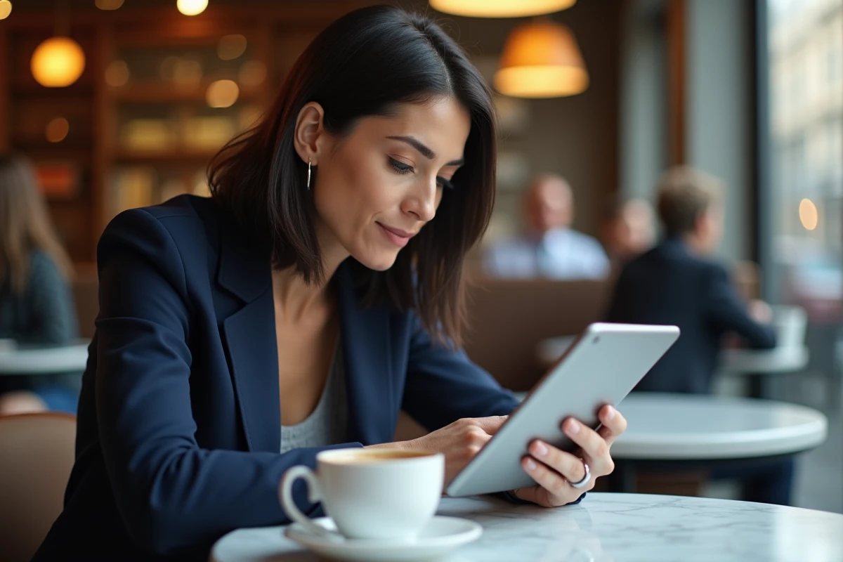 Femme consultant un site de revente de montres Rolex sur tablette dans un café parisien