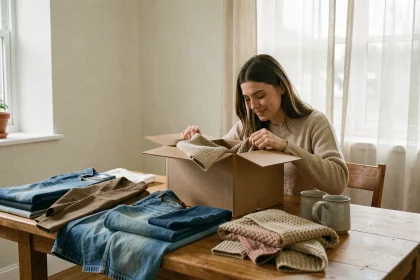 Femme préparant des vêtements d'occasion pour la revente en ligne sur des plateformes comme Sellpy ou Vinted