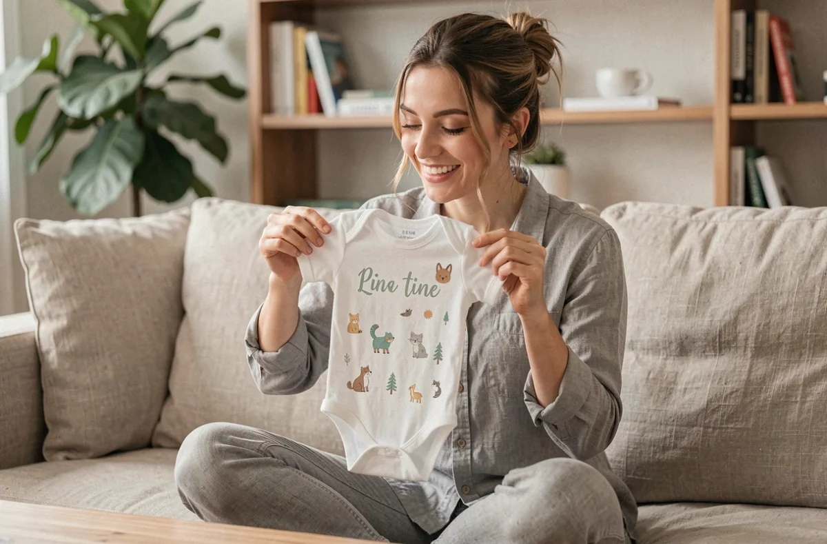 Jeune femme tenant un body bébé personnalisé avec prénom et motifs animaux, cadeau de naissance original dans un salon chaleureux