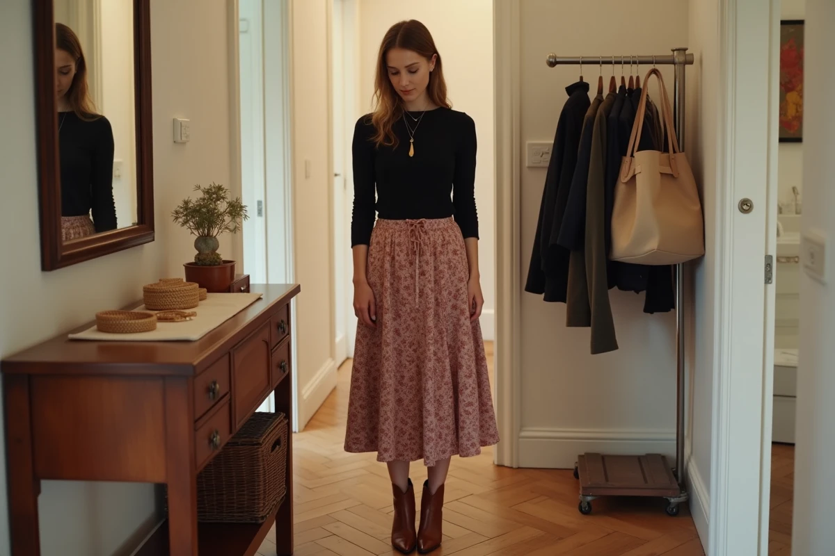 Femme en jupe midi et boots western cognac qui assemble des accessoires sur une console pour composer une tenue santiag avec son dressing existant