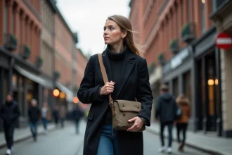 Jeune femme dans la ville ajustant son sac en toile