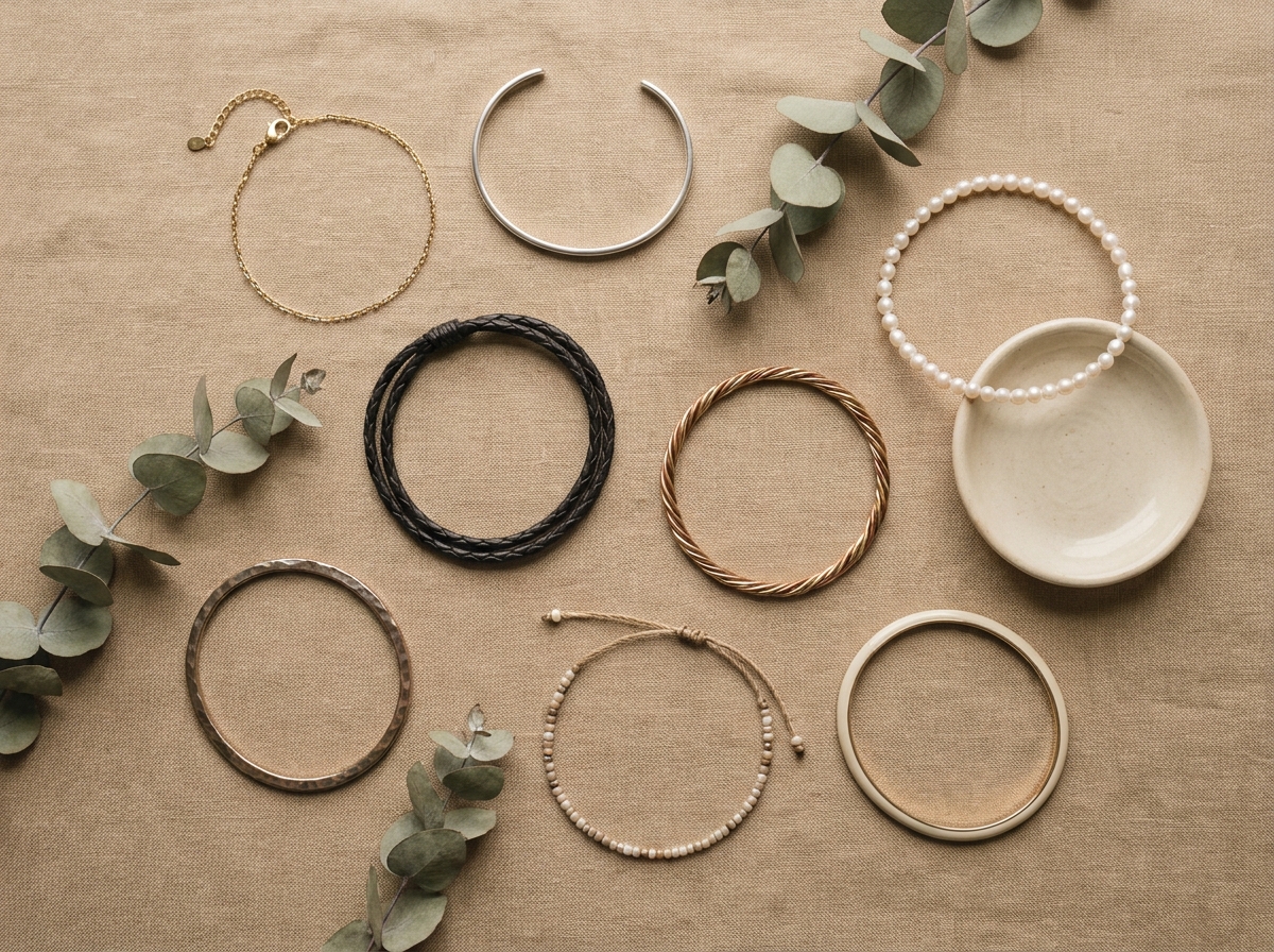Flat-lay de huit bracelets fins variés disposés sur tissu lin avec accessoires décoratifs, vue de dessus