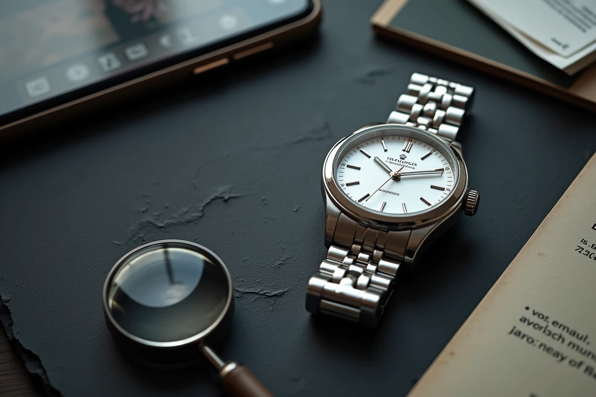 Flatlay d'une montre Rolex avec certificat d'authenticité et smartphone pour vérification en ligne