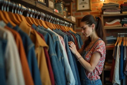 Jeune femme faisant du shopping dans une friperie de Marseille, feuilletant des vêtements vintage colorés sur des cintres en bois