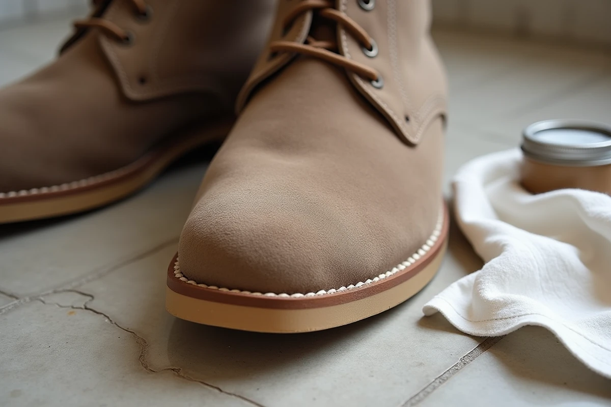 Gros plan sur l'effacement d'une tache sur une chaussure en daim taupe avec une gomme spéciale, montrant la restauration de la matière