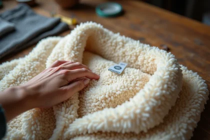 Gros plan sur la doublure sherpa imitation peau de mouton d'une veste, avec texture bouclée crème et main testant la douceur du tissu