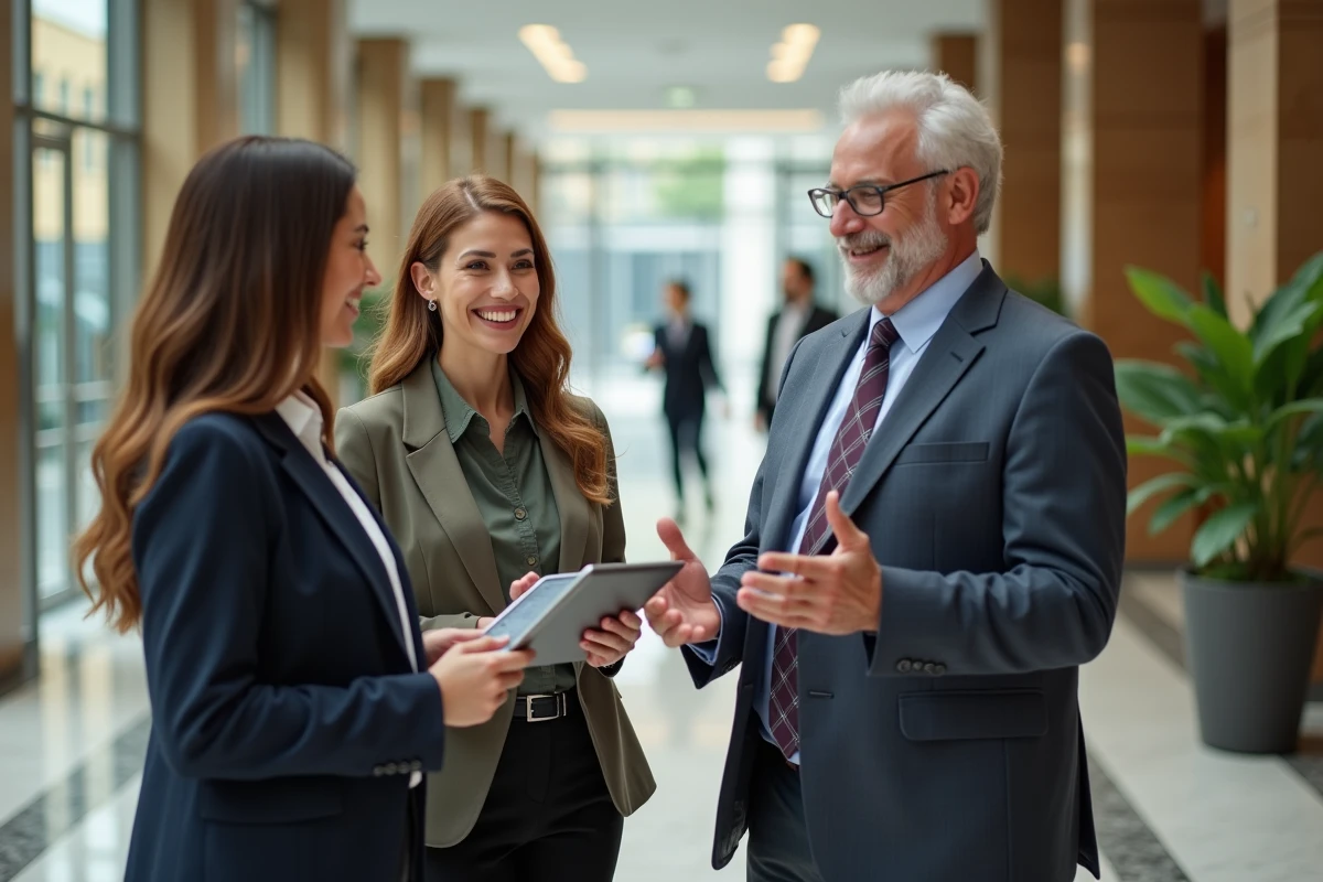 Groupe de professionnels en discussion dans un lobby moderne