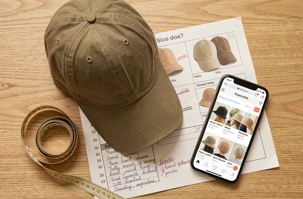 Flat lay d'une casquette, d'un mètre ruban et d'un guide des tailles pour acheter une casquette en ligne sans erreur
