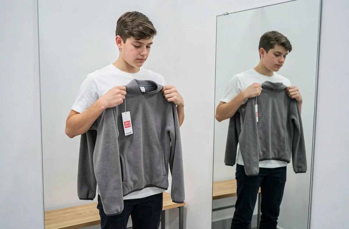Adolescent essayant une veste Uniqlo devant un miroir en cabine pour vérifier la taille