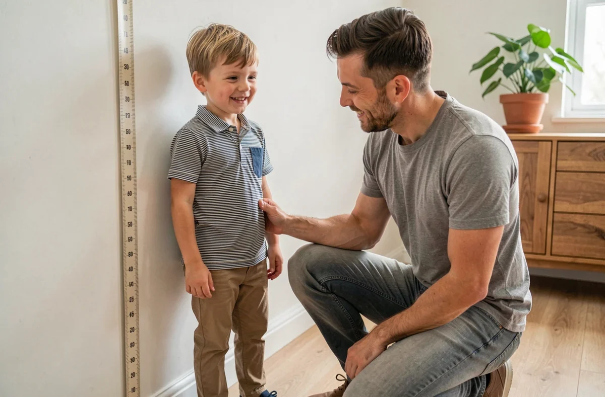 Père mesurant la taille de son fils à la maison pour choisir la bonne taille de vêtement Uniqlo enfant