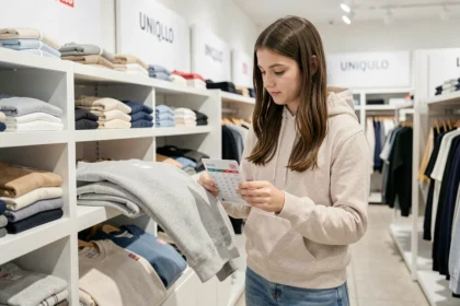 Mère et fille adolescente comparant un sweat Uniqlo avec un guide des tailles en magasin