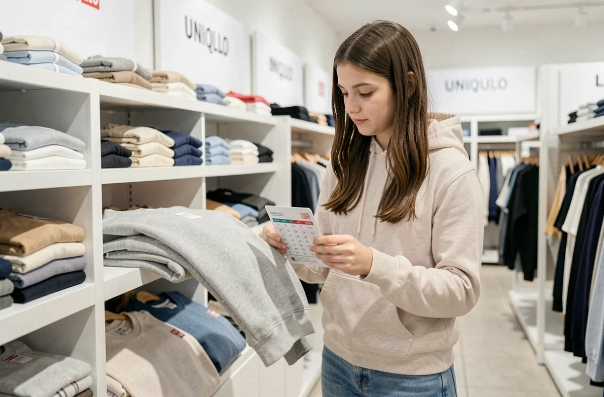 Mère et fille adolescente comparant un sweat Uniqlo avec un guide des tailles en magasin