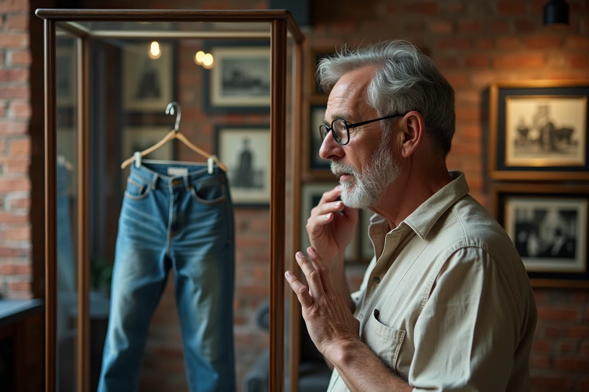 Historien de la mode examinant un pantalon en denim du XIXe siècle dans un musée textile, évoquant les débats sur les origines historiques du jeans