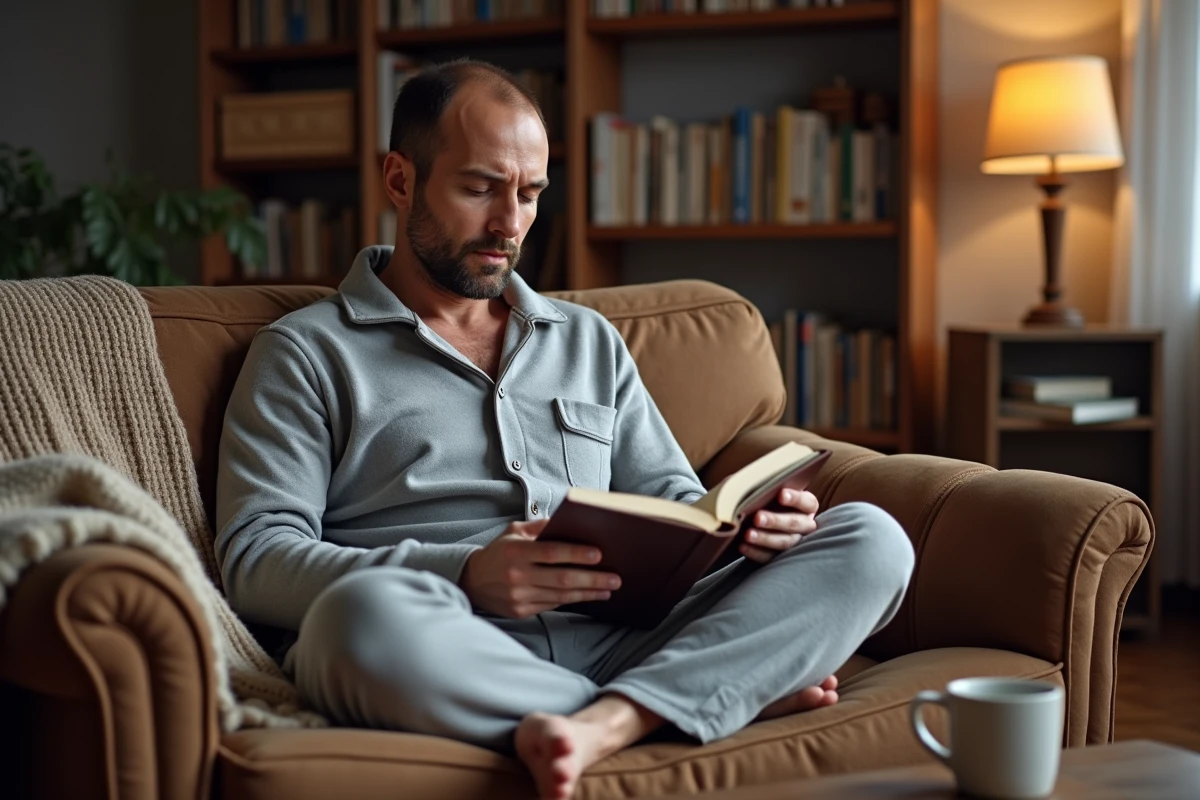 Homme adulte en pyjama pilou gris doux assis sur un canapé en cuir dans un salon cosy